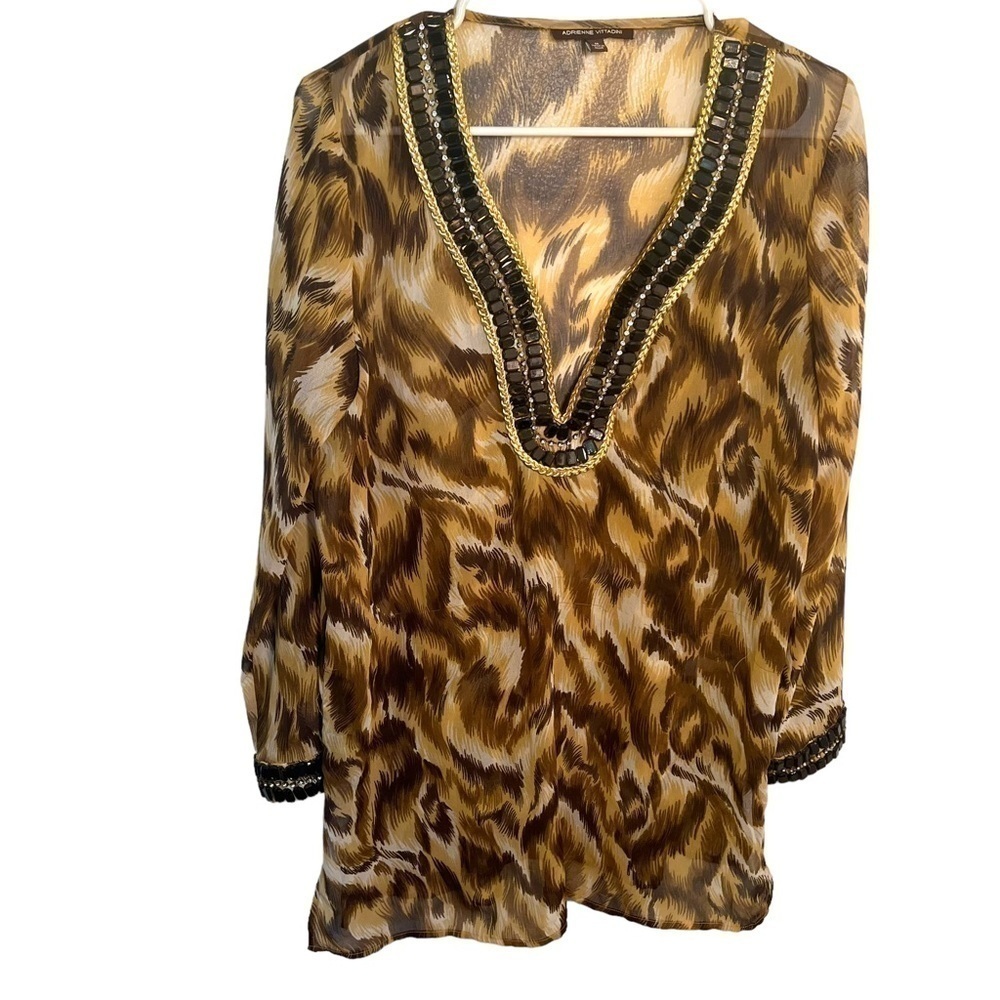 Adrienne Vittadini Womens Size Medium Sheer Tunic Top Tan Brown Geometric Beaded